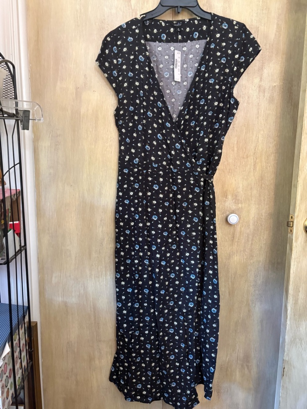 J Crew Black Floral Wrap Maxi Dress with Blue and cream flowers Accent NWT